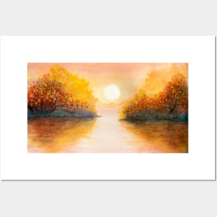 Autumn Sunset over lake Posters and Art